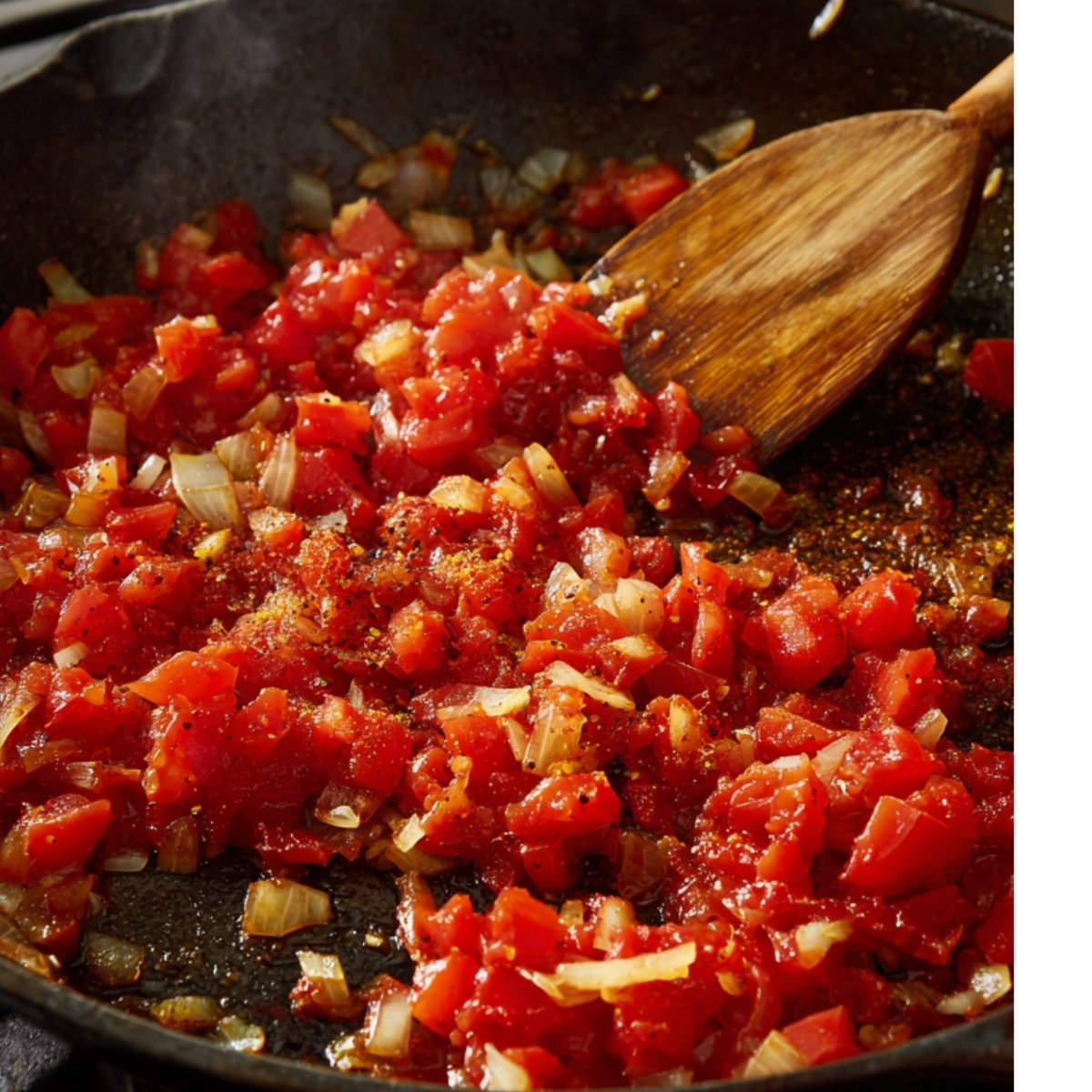 Sautéed onions and diced tomatoes cooking together in a skillet with spices.
