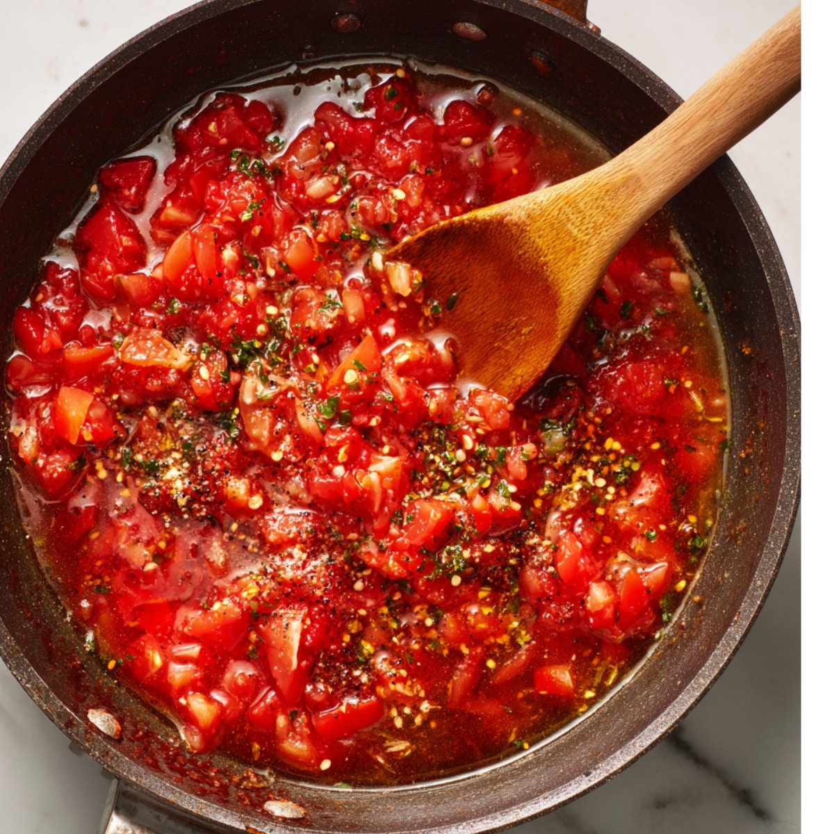 Pan of diced tomatoes simmering with spices and seasonings, stirred with a wooden spoon.