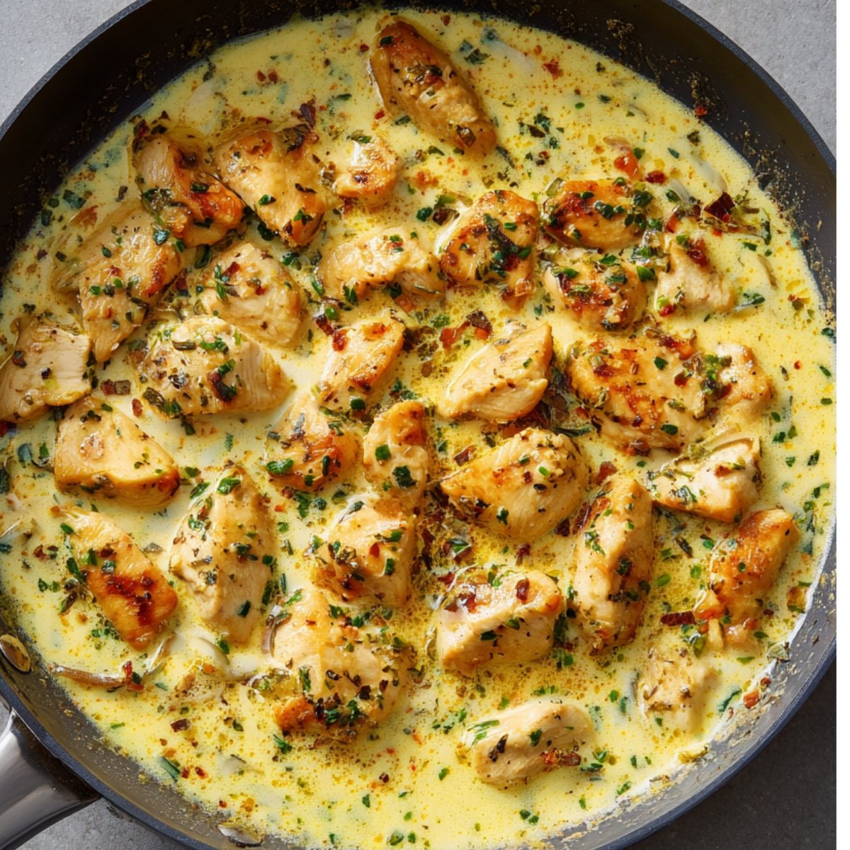 Skillet of chicken pieces cooking in a creamy spiced sauce with herbs and red pepper flakes.