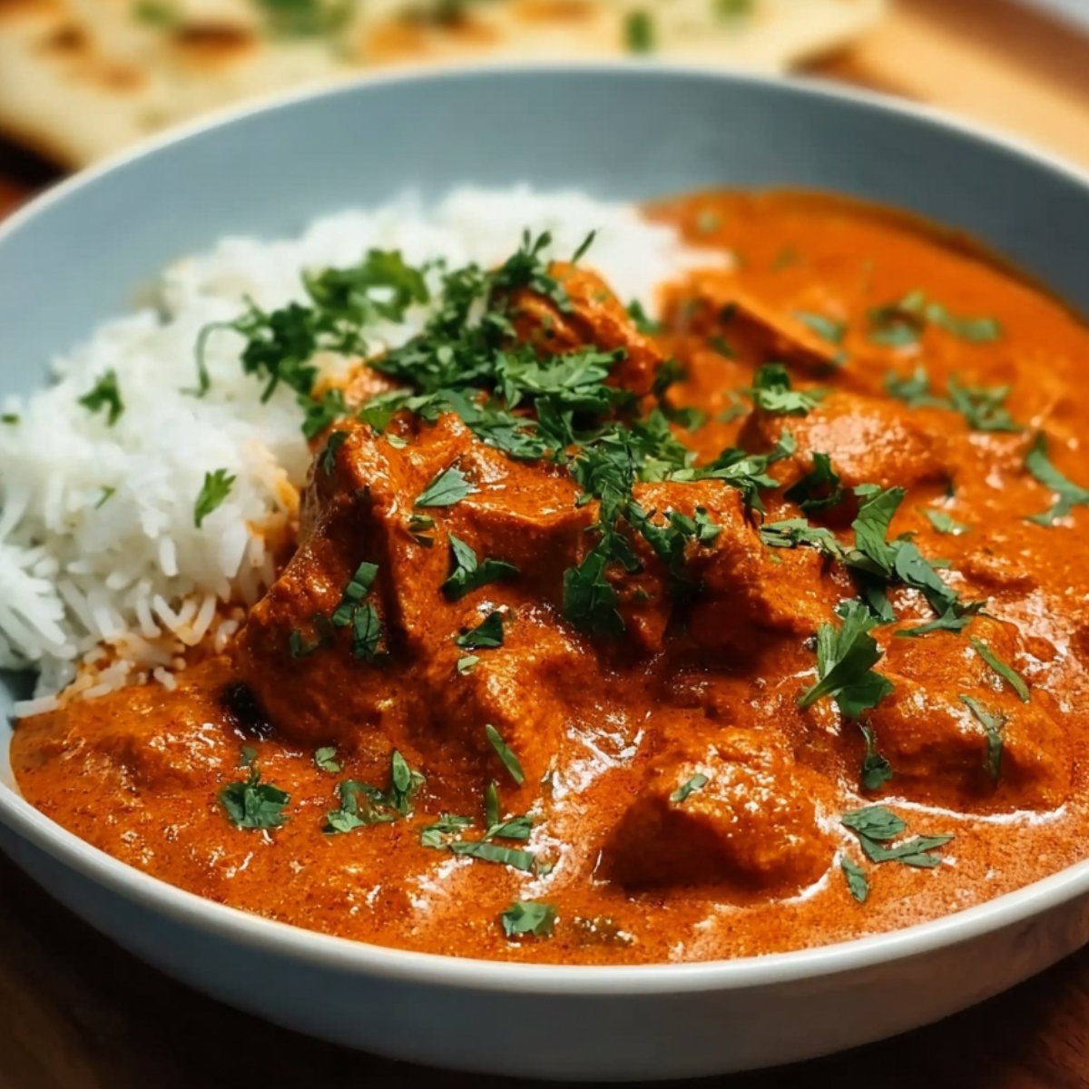 Bowl of creamy butter chicken with basmati rice, topped with chopped cilantro and served with naan on the side.