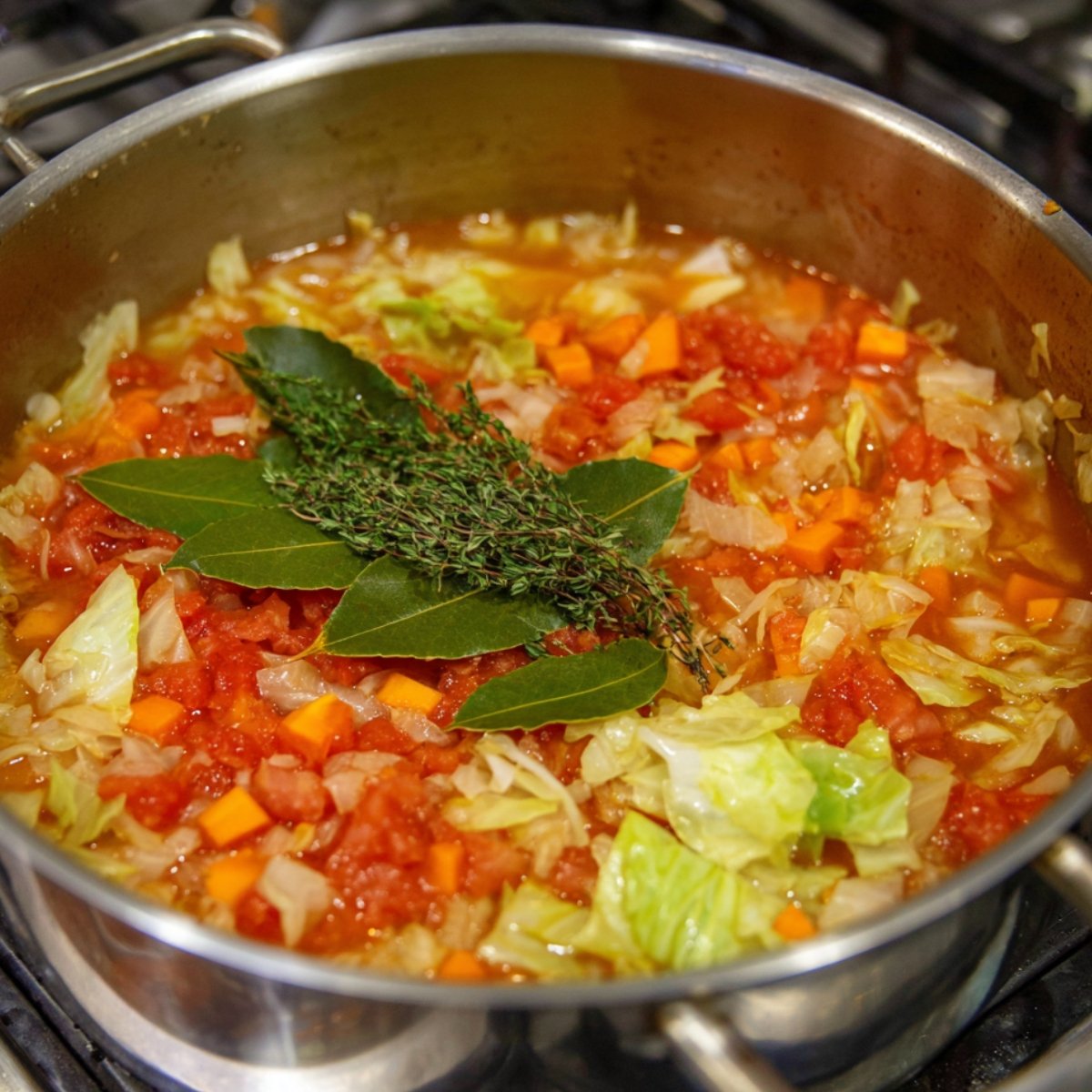 A pot of simmering cabbage soup with chopped carrots, onions, tomatoes, and cabbage, topped with bay leaves and fresh thyme sprigs.