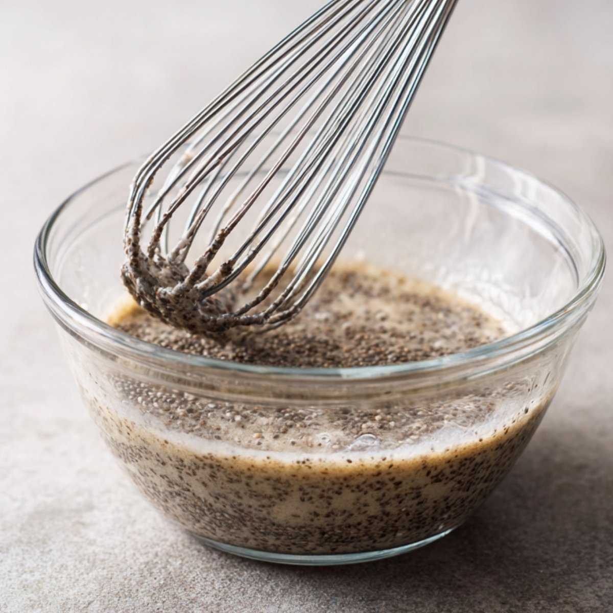 Chia seeds being whisked in a glass bowl with liquid, showing the initial stage of chia pudding preparation with seeds beginning to swell.