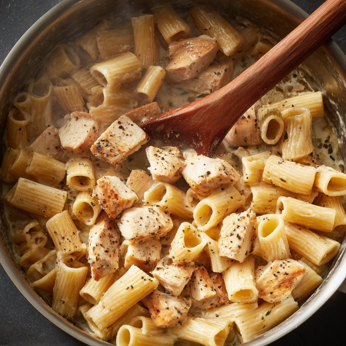 "Pasta in a creamy sauce being mixed with browned chicken cubes in a saucepan, stirred with a wooden spoon."