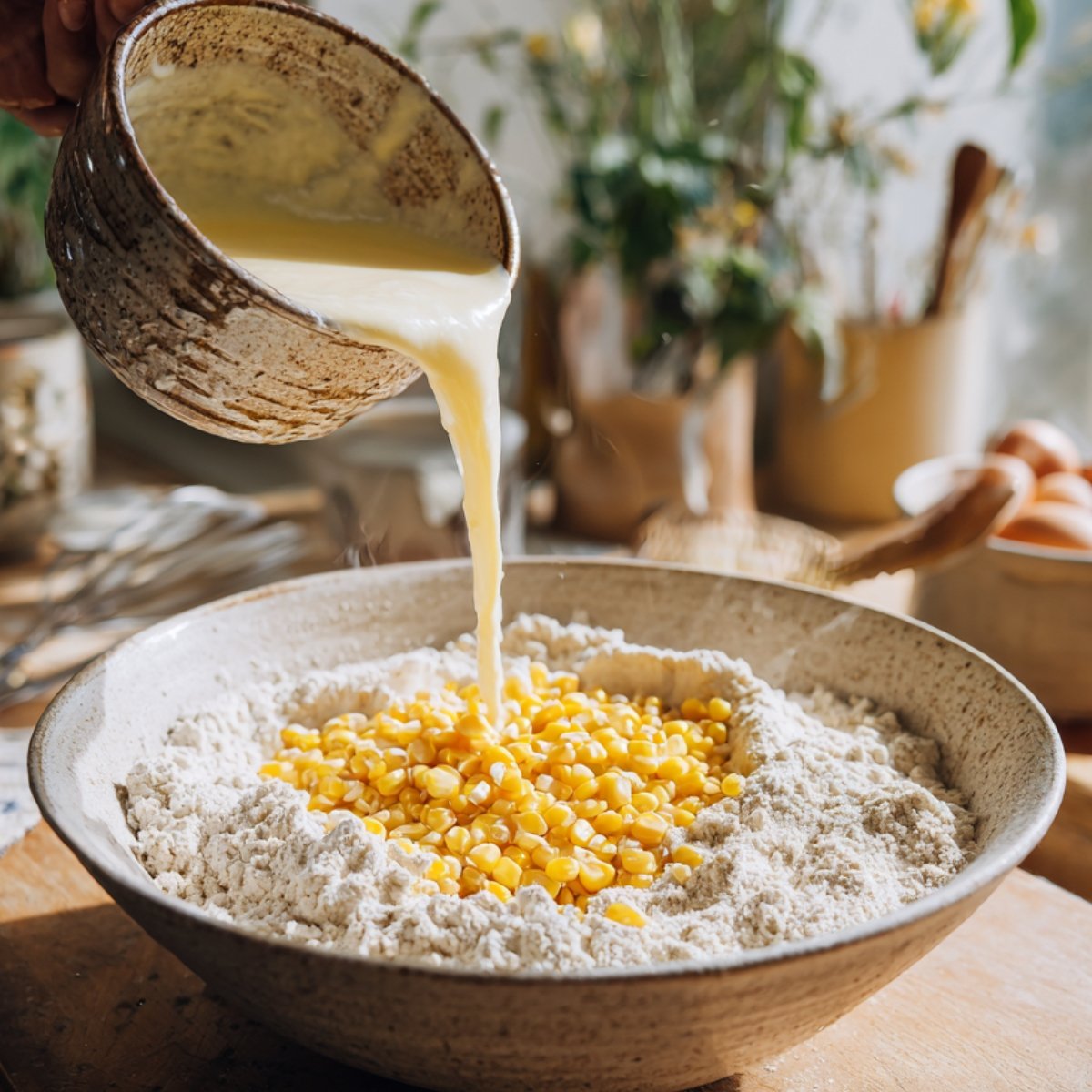A bowl of flour and corn kernels with creamy liquid batter being poured in from a rustic ceramic jug.