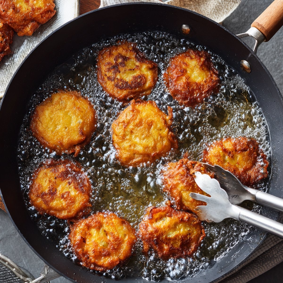 Golden corn fritters frying in bubbling oil in a black skillet, with metal tongs lifting one fritter from the pan.