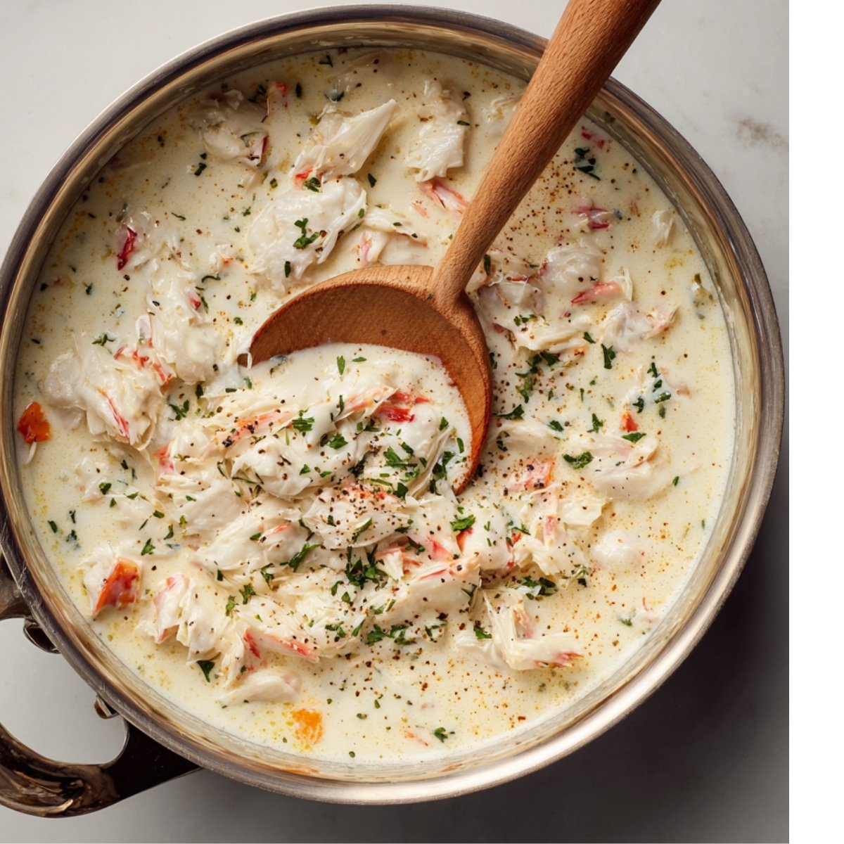 Colorful chopped vegetables including carrots, celery, onions, and parsley cooking in a large skillet, showing the vegetable base for crab soup.