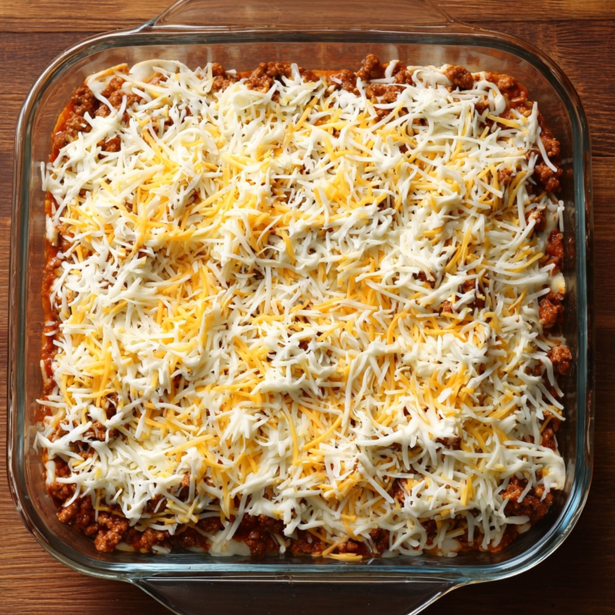 Glass casserole dish layered with seasoned beef, sour cream mixture, and shredded cheese before baking.