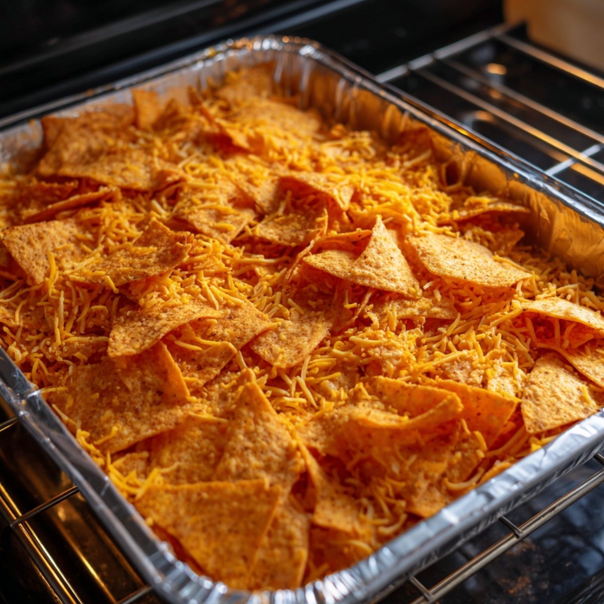 Foil baking pan filled with crushed Doritos and shredded cheese, ready to go into the oven.