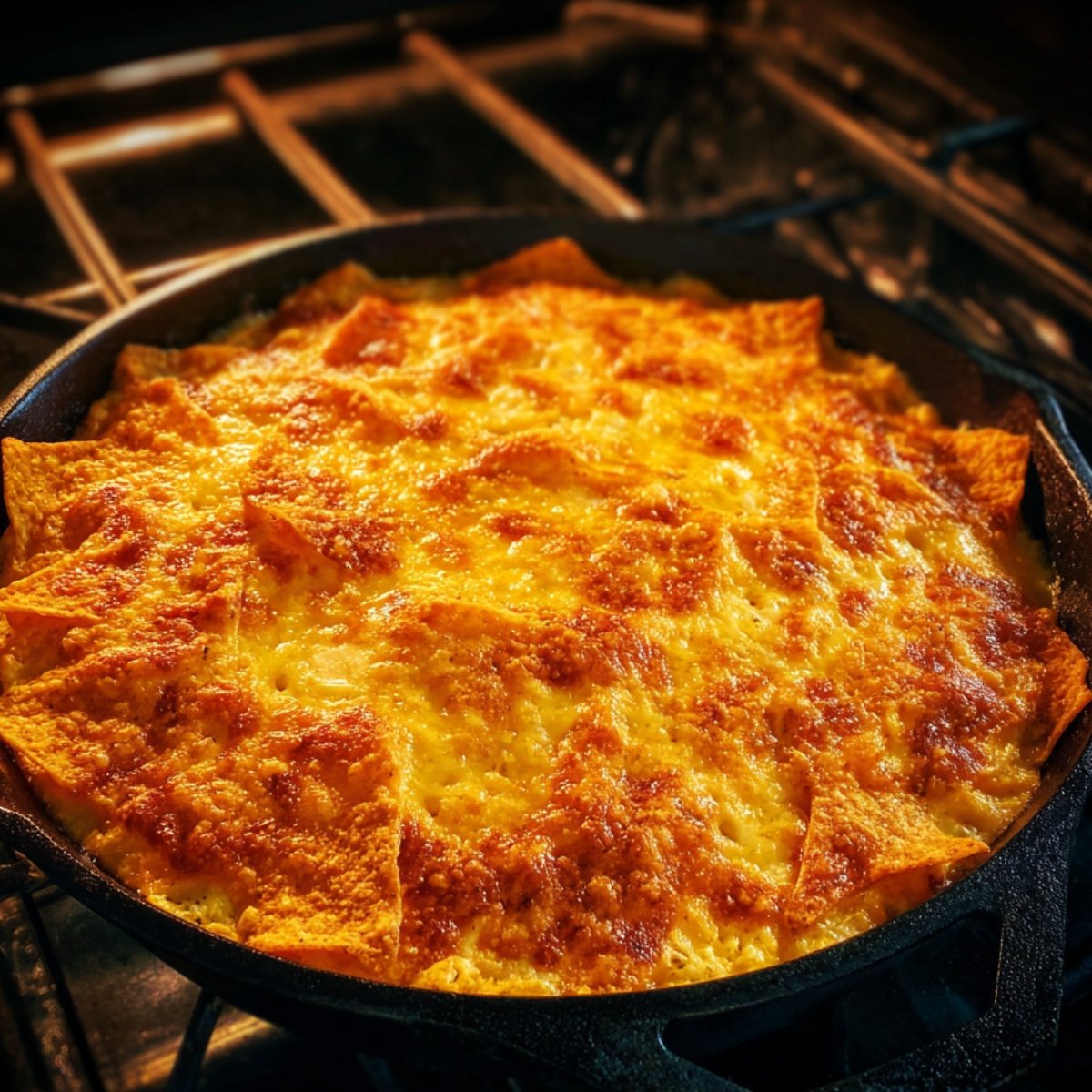 Golden-brown baked Dorito casserole in a cast iron skillet, with melted cheese bubbling on top.