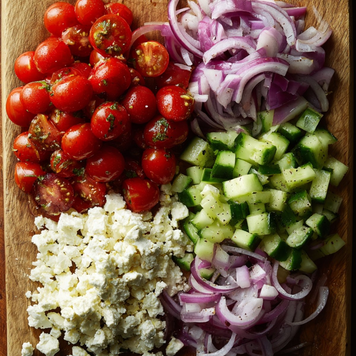 Close-up of chopped cucumbers, cherry tomatoes, sliced red onion, and crumbled feta cheese neatly arranged on a cutting board, seasoned with olive oil and herbs.