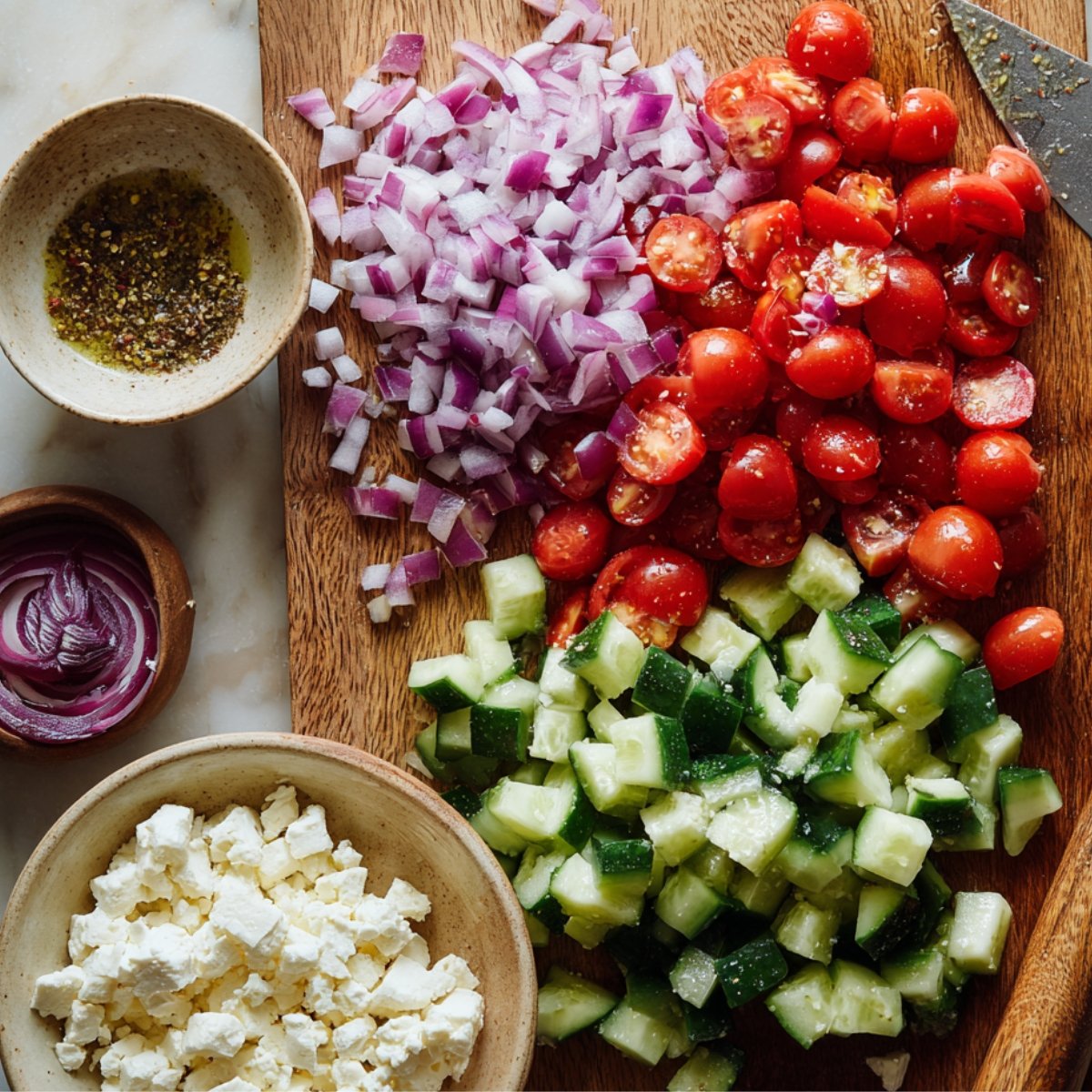 Overhead view of diced cucumber, halved cherry tomatoes, thinly sliced red onion, and crumbled feta cheese on a wooden cutting board with a small bowl of olive oil dressing.