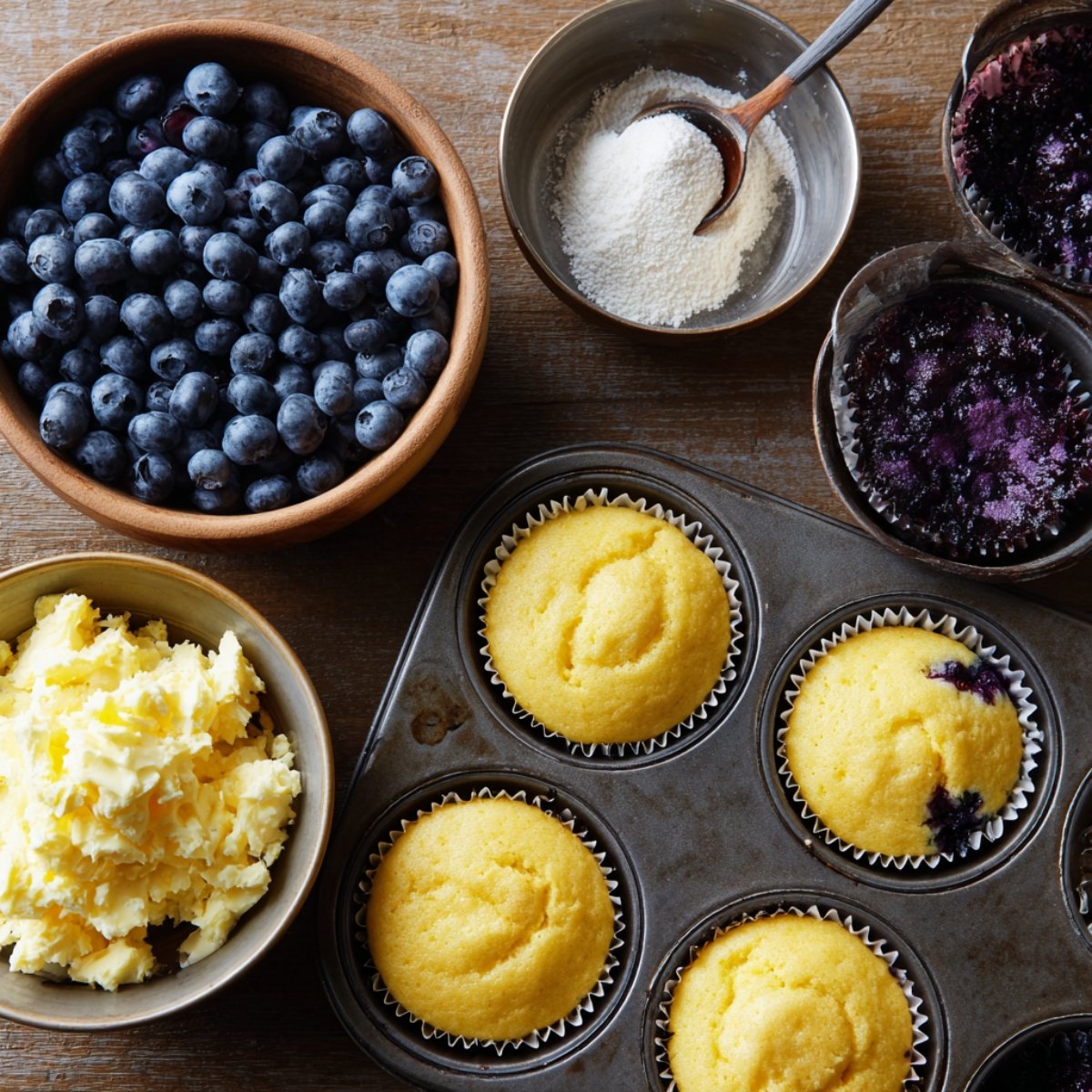 A muffin tin filled with golden cupcakes topped with blueberries, flour, and sugar dusting.