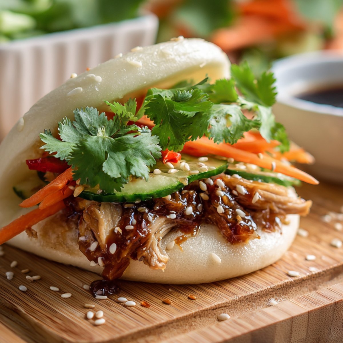 Steamed bao bun filled with glazed Korean chicken, pickled carrots, cucumber slices, cilantro, and sesame seeds.