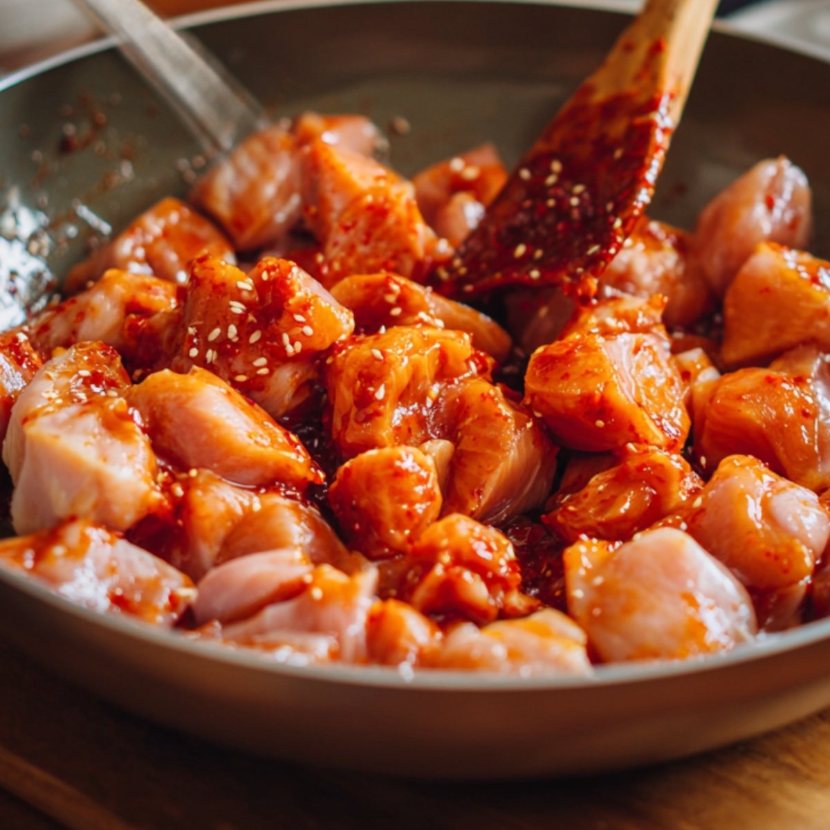 Raw chicken pieces in a skillet mixed with red gochujang marinade and sesame seeds.
