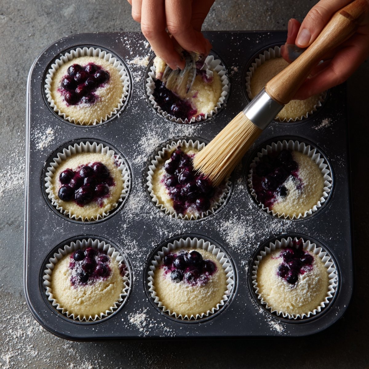 Fresh blueberries being placed into raw cupcake batter in a muffin tin, dusted with flour.