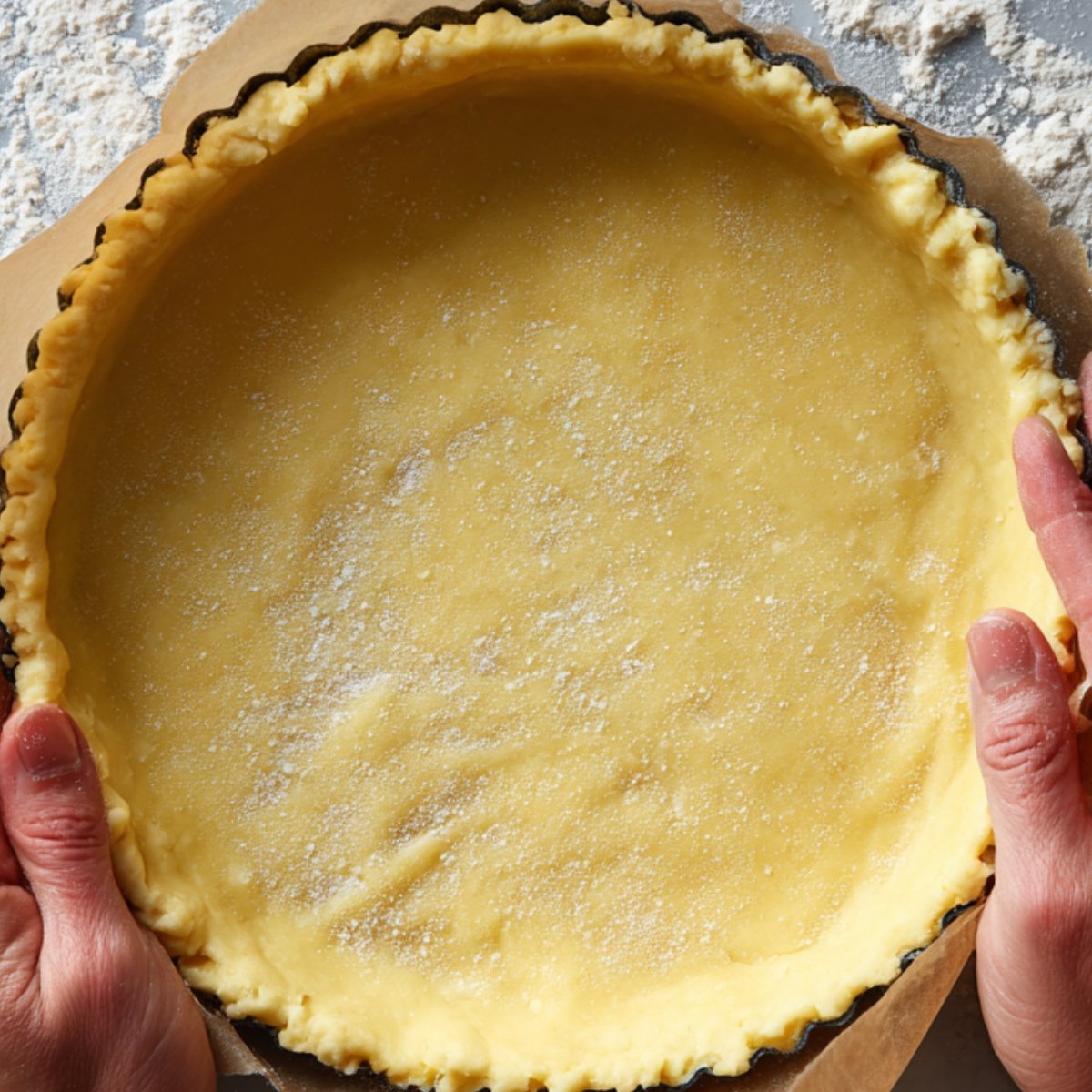 "Hands pressing pastry dough into a tart pan, preparing the crust for lemon tart."