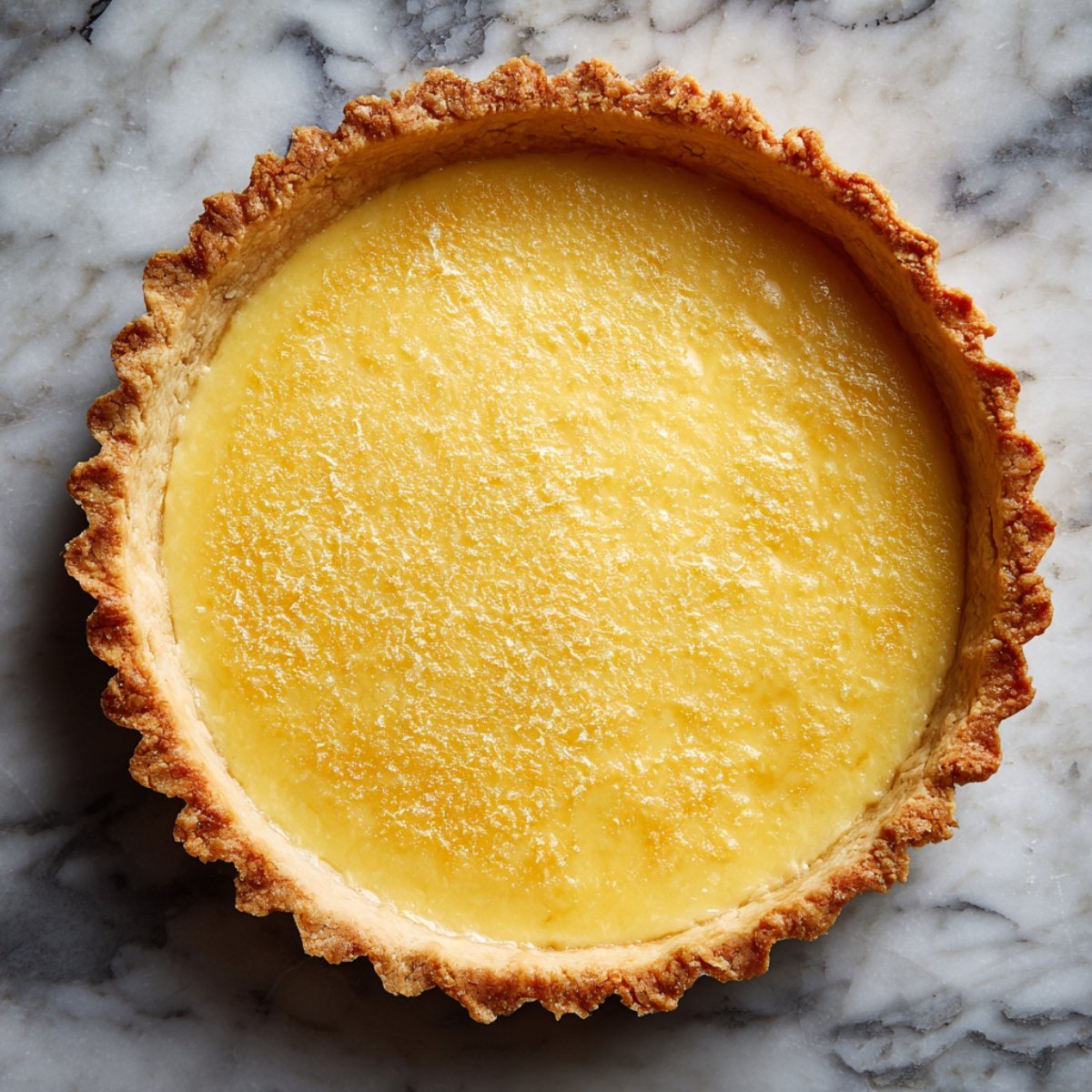 "Golden baked tart shell filled with smooth lemon custard cooling on a marble countertop."