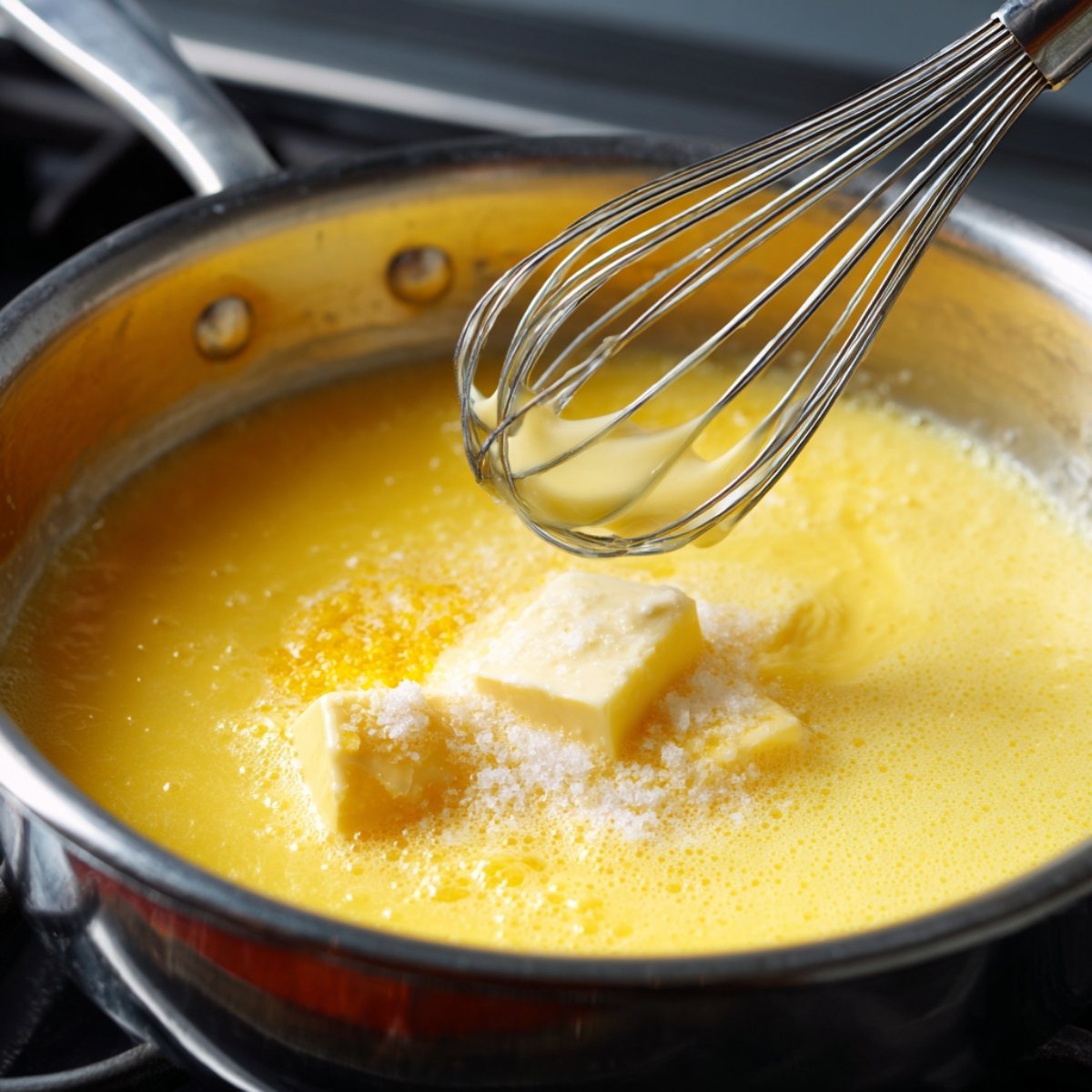 "Whisk mixing lemon filling in saucepan with butter and sugar melting into the mixture."