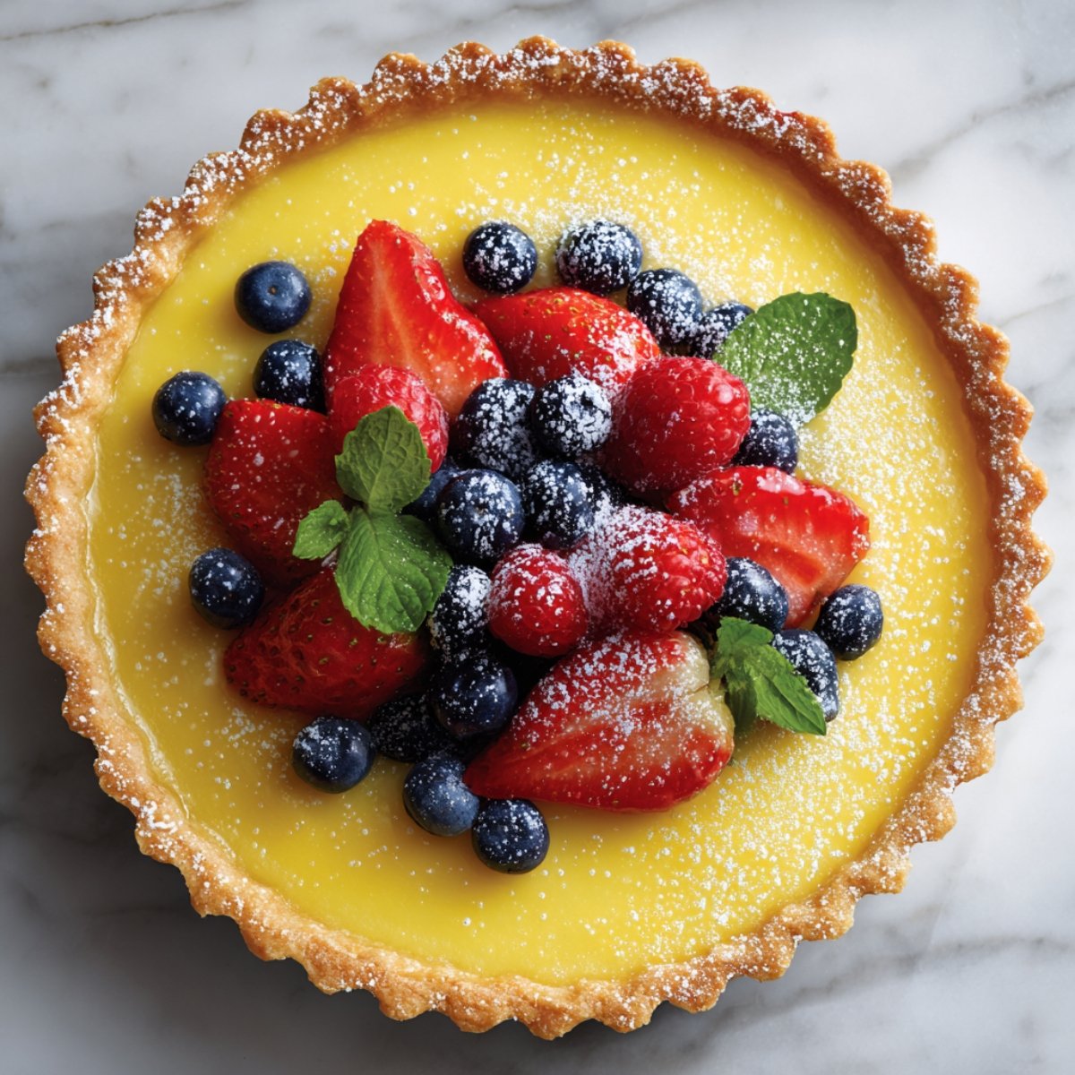 "Freshly baked lemon tart topped with strawberries, blueberries, raspberries, and mint leaves, dusted with powdered sugar on a marble surface."
