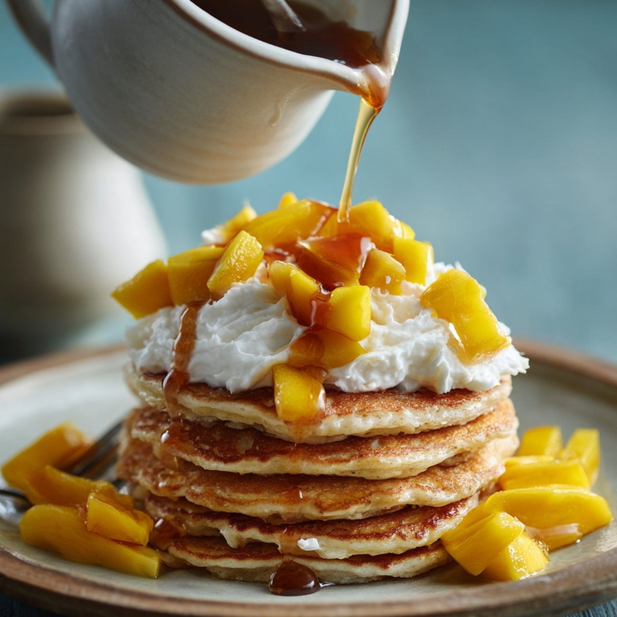 "Step-by-step preparation of homemade mango pancakes with ripe mango chunks, pancake batter, and sweet toppings."