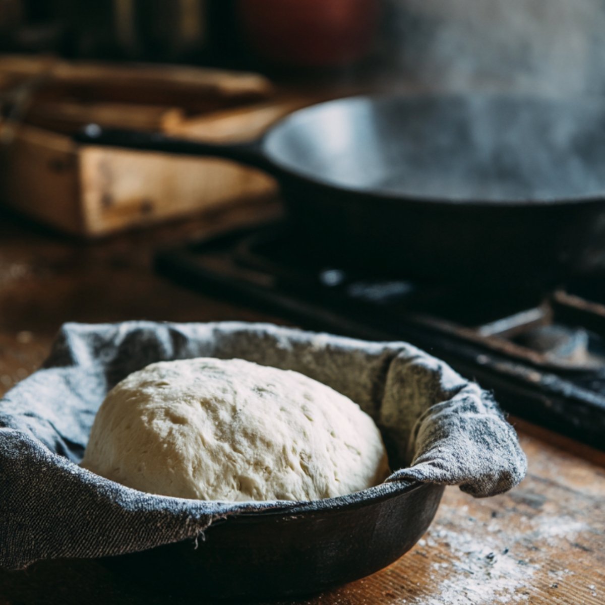 A round ball of naan dough resting in a cloth-lined bowl on a wooden surface, skillet steaming in the background.