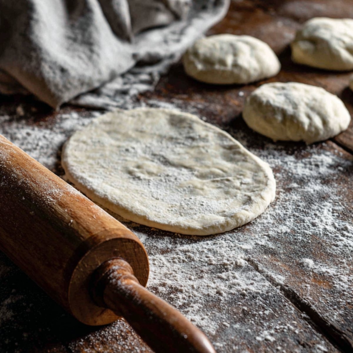 A rustic wooden table dusted with flour, a rolling pin, and rolled-out naan dough next to small dough balls waiting to be shaped.