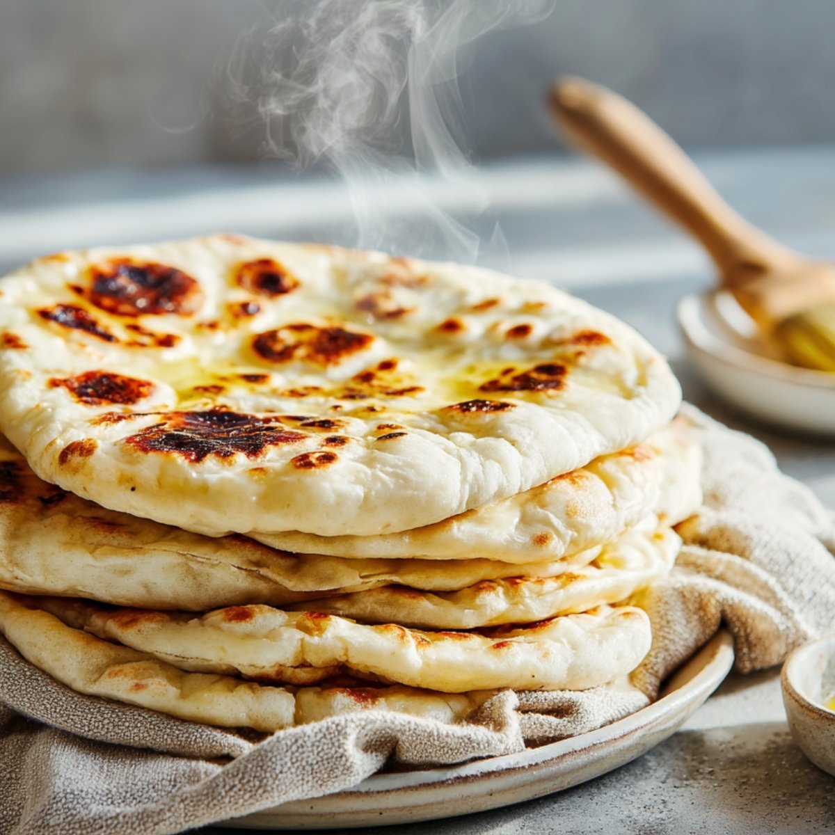 A tall stack of freshly cooked naan bread on a plate, steam rising, brushed with melted butter, sitting on a beige cloth with a pastry brush blurred in the background.