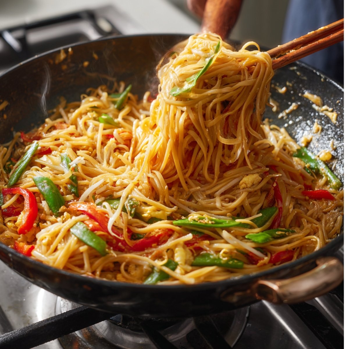 A wok of Pad Thai noodles being stir-fried with vegetables, eggs, and sauce, lifted with chopsticks.