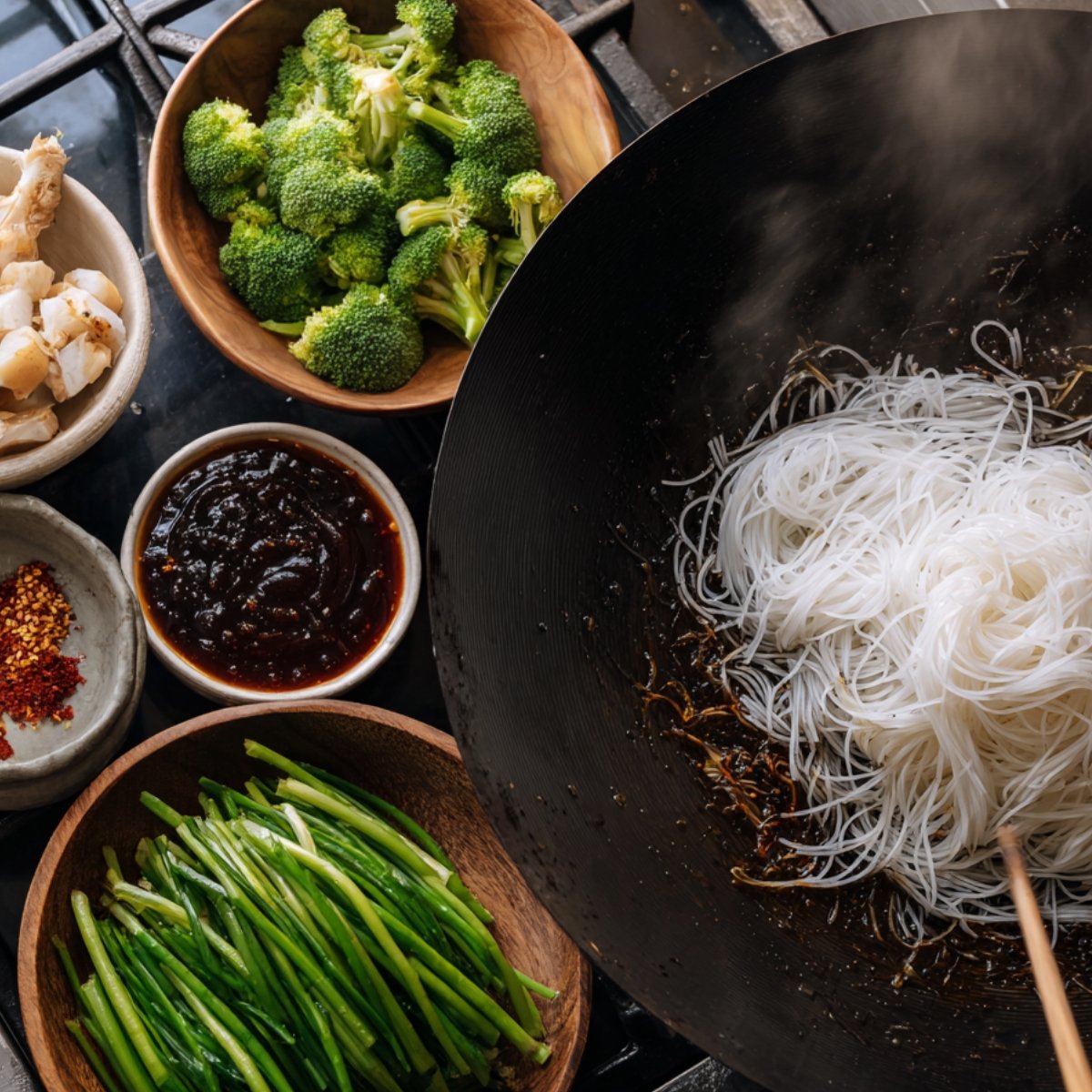 A stovetop wok with rice noodles beginning to cook, surrounded by bowls of broccoli, scallions, sauces, and seasonings, ready for stir-frying.