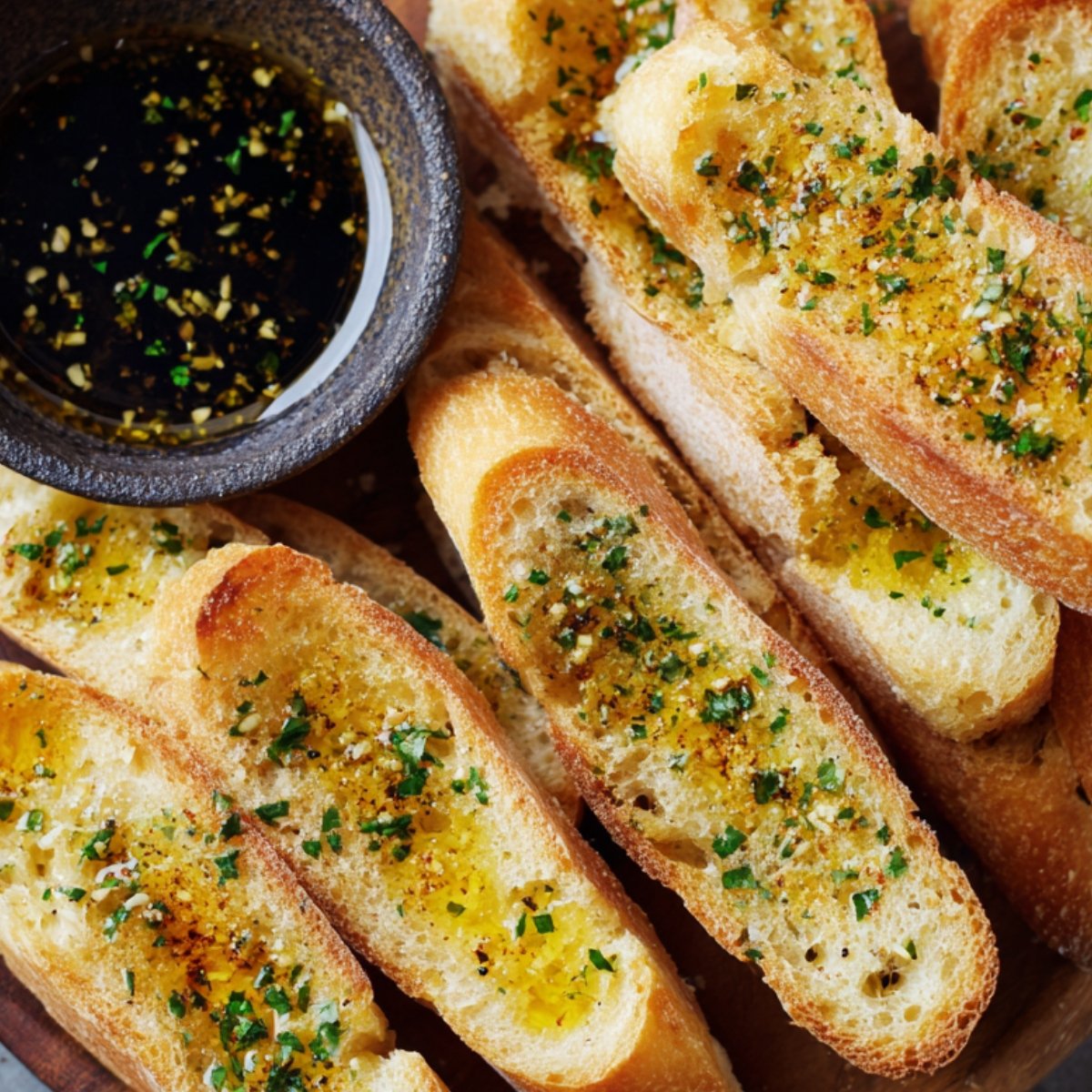 Golden toasted baguette slices brushed with olive oil and herbs, served next to a small bowl of herb oil dip.