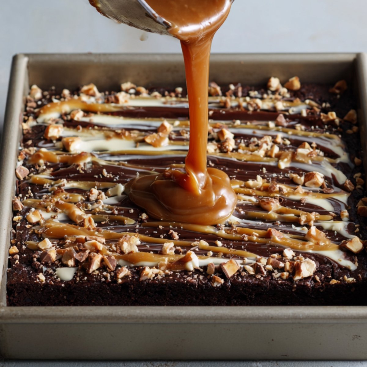 Thick caramel sauce being poured from a saucepan onto a baked brownie topped with chopped nuts and chocolate drizzle.