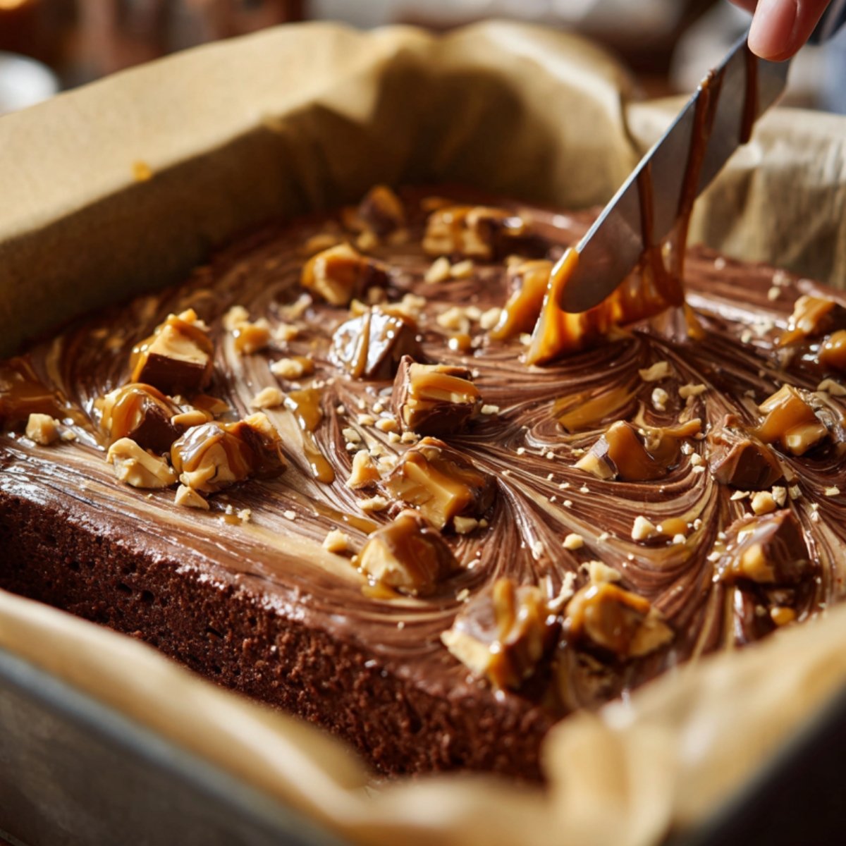 A baking pan lined with parchment paper, filled with chocolate batter swirled with caramel and topped with chopped Snickers, with a knife making marbled patterns.
