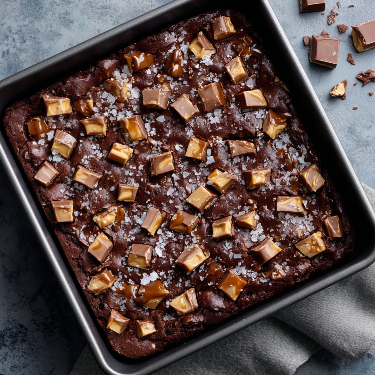 A square pan of uncut brownies topped with chopped Snickers pieces, melted caramel, and sprinkled sea salt.