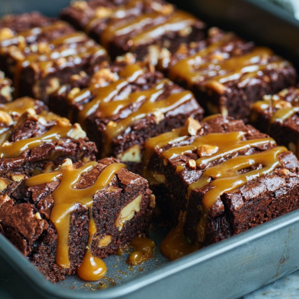 Close-up of cut Snickers brownies in a baking pan, drizzled with gooey caramel sauce, showing chunks of peanuts and chocolate inside.