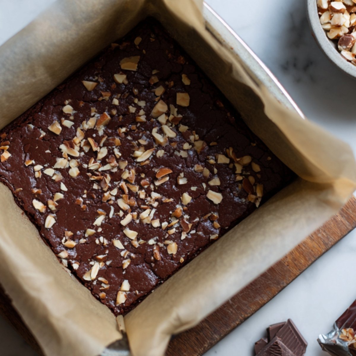 A pan of baked brownies topped with chopped nuts, set on parchment paper with ingredients nearby.