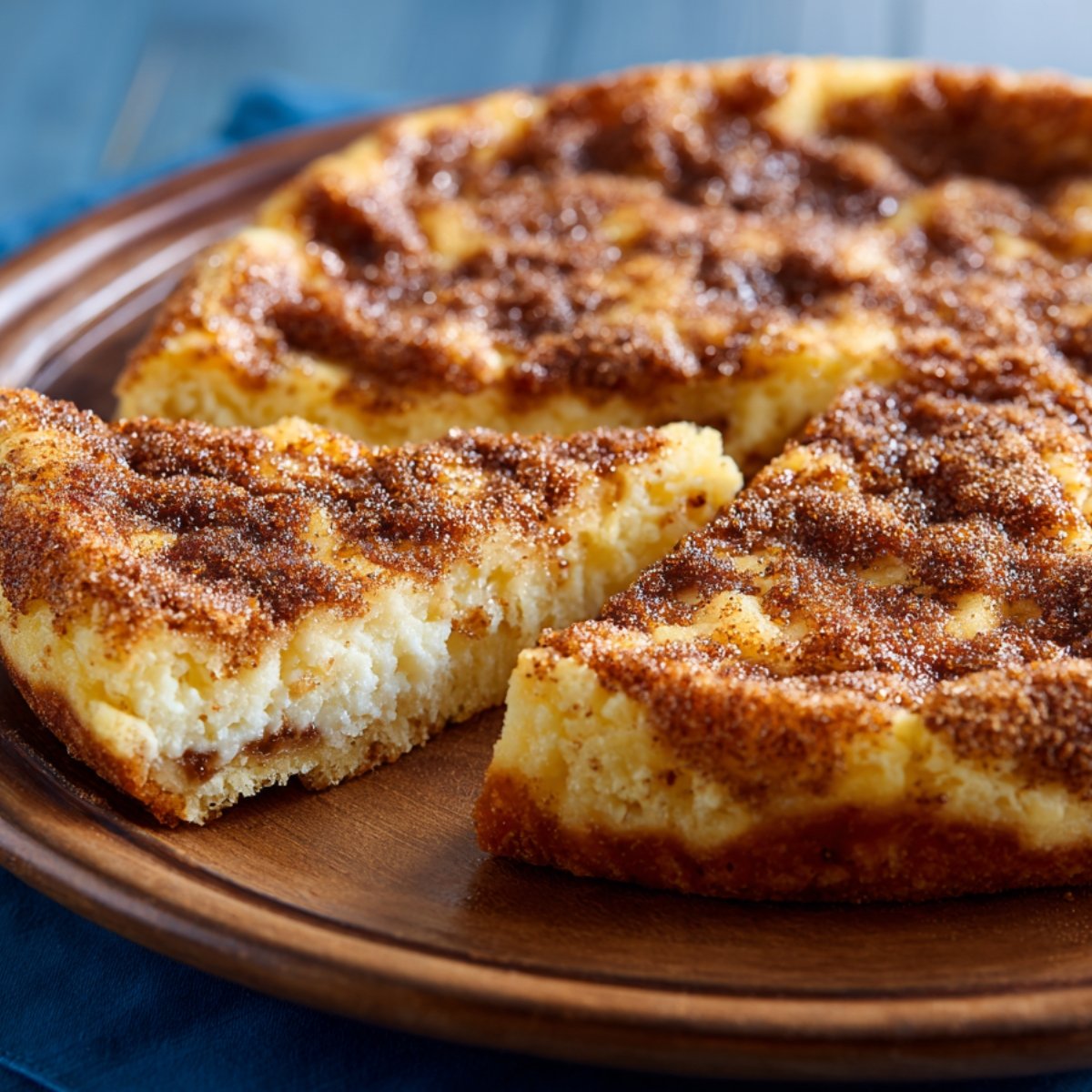 A golden-brown sopapilla cheesecake sliced on a wooden plate, showing the creamy cheesecake filling and a cinnamon sugar topping.