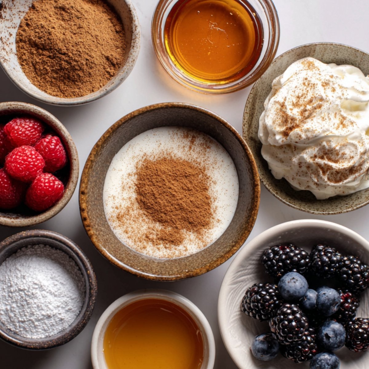 Small bowls of ingredients including cinnamon, honey, whipped cream, powdered sugar, raspberries, and blackberries.