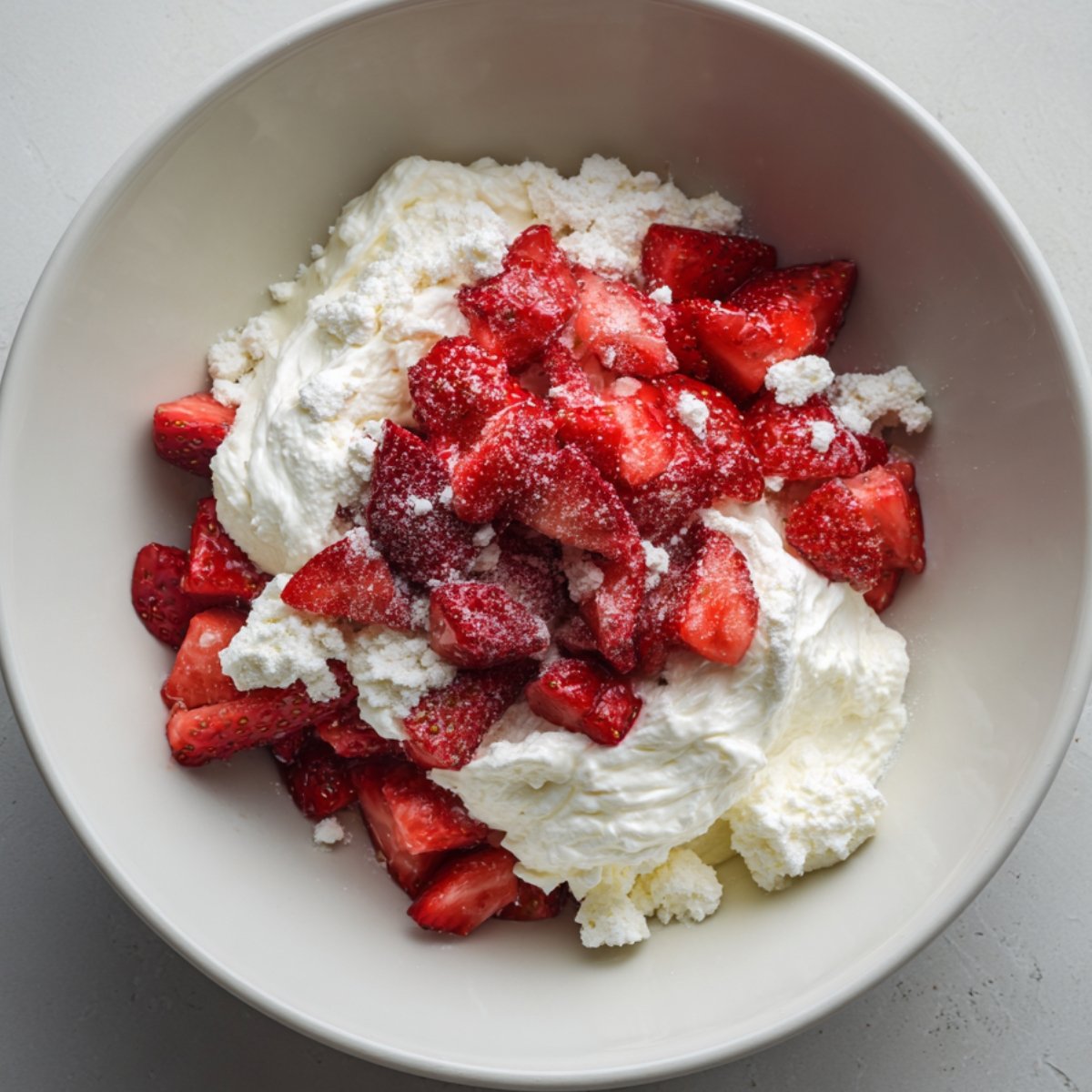 Mixing bowl with whipped cream cheese, sugar, and diced strawberries coated in sugar, forming the filling mixture.