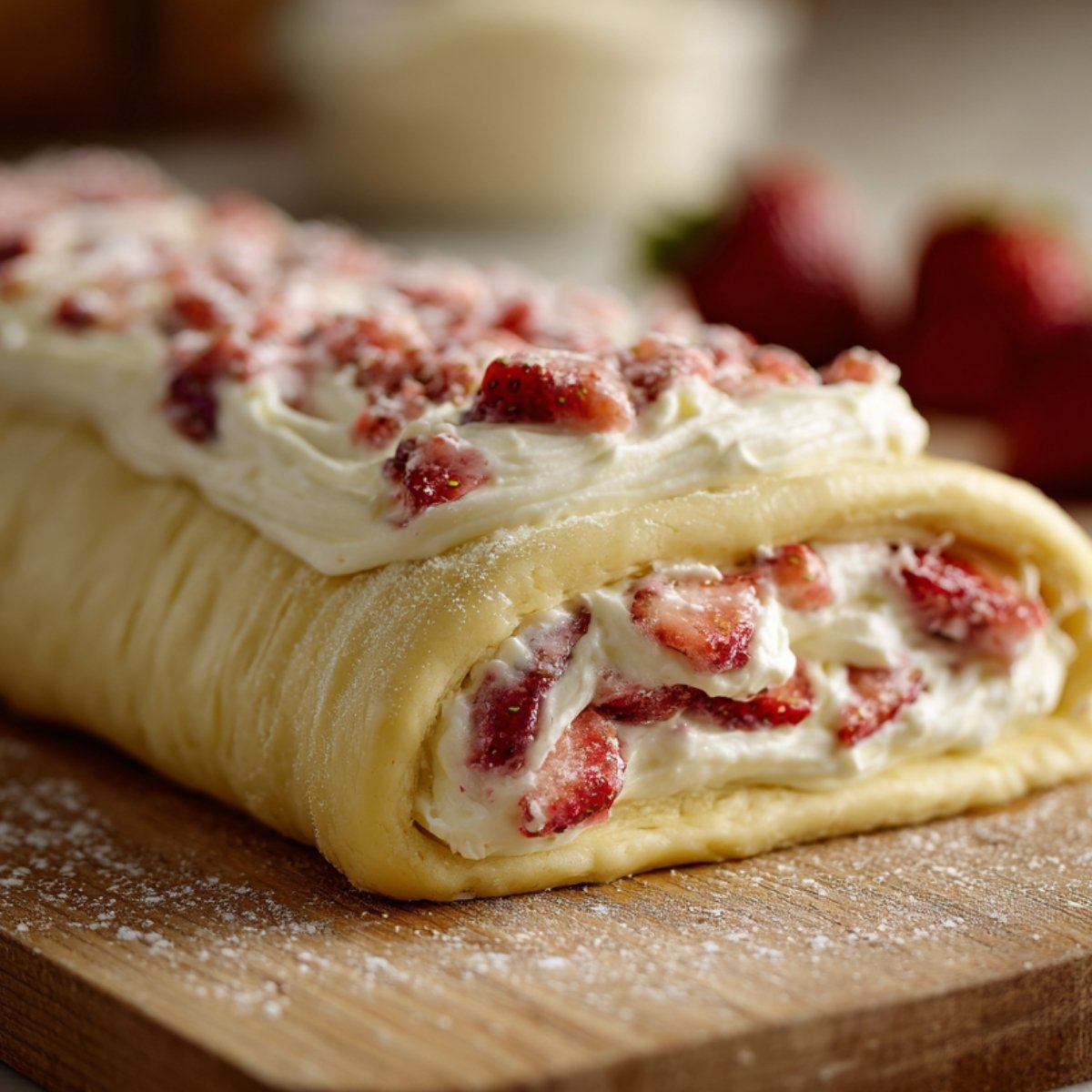 Rolled dough filled with cream cheese and fresh strawberry pieces, ready to be sliced before baking.
