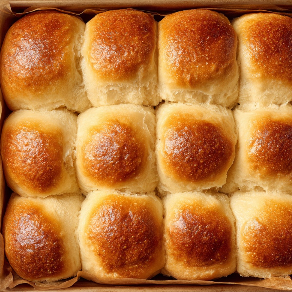 Golden, fluffy baked rolls in a pan, their tops shiny and perfectly browned, fresh from the oven.