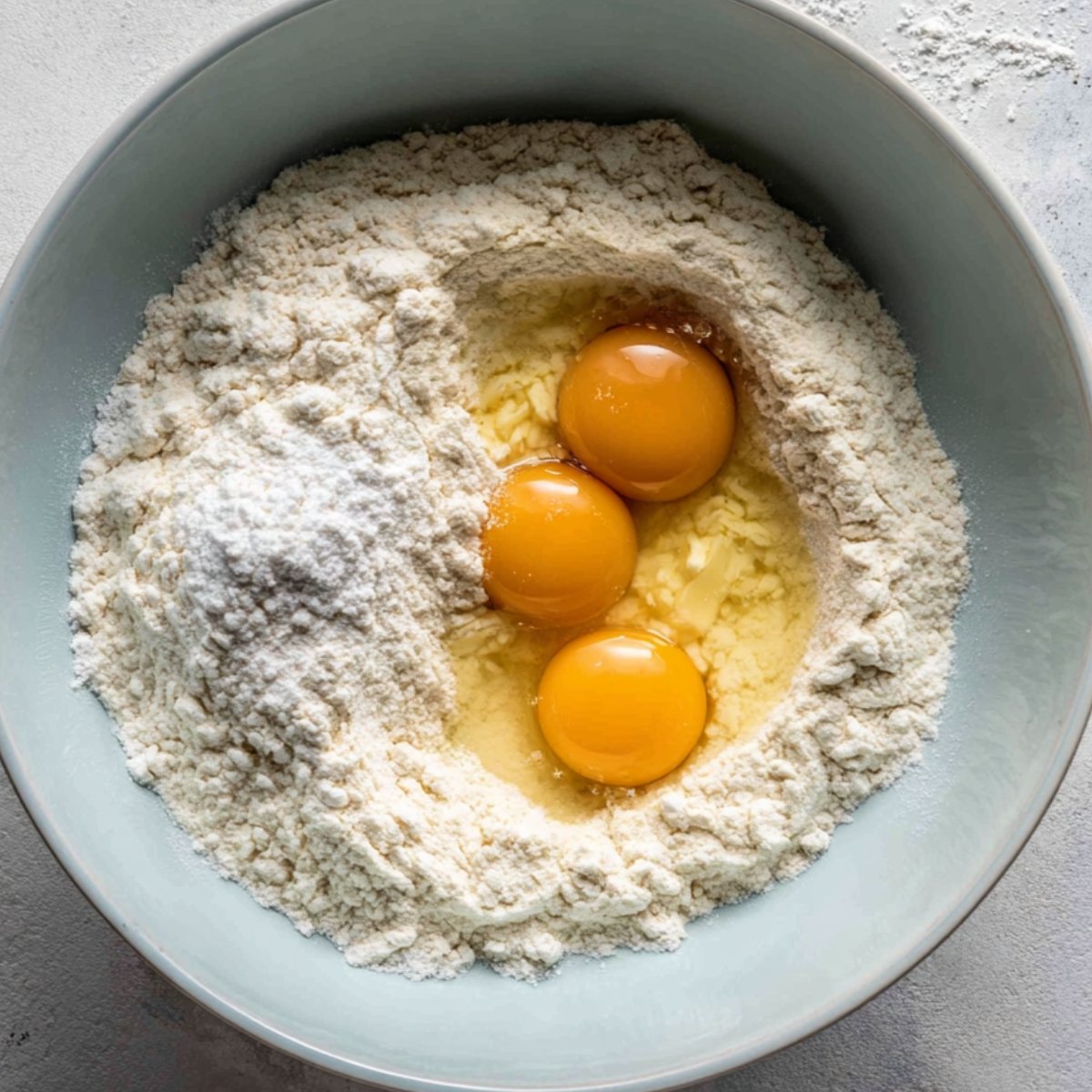Baking bowl filled with flour and three cracked eggs in the center, ready to be mixed into dough.