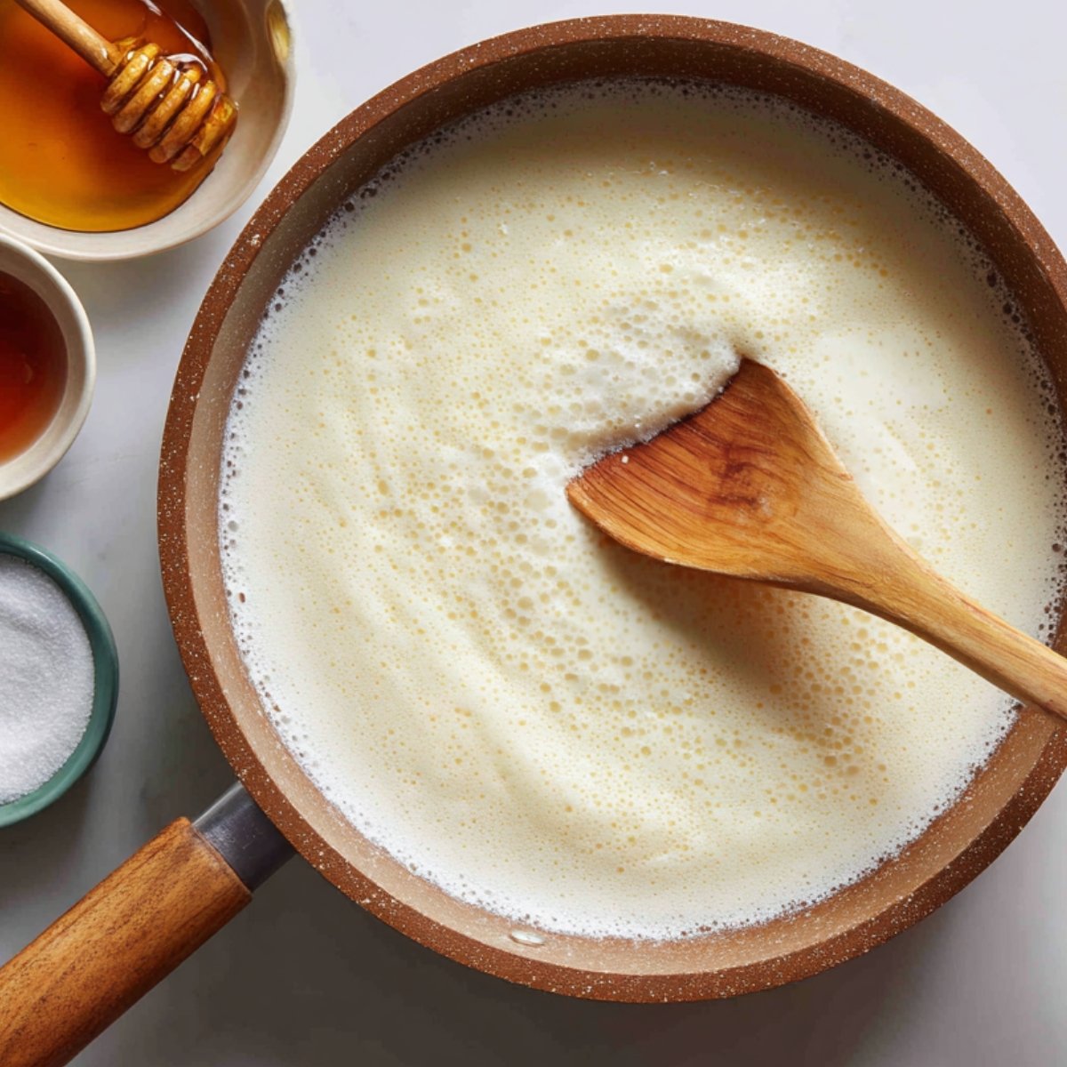 Warm milk foaming in a saucepan, stirred with a wooden spoon, surrounded by bowls of sugar, honey, and vanilla.