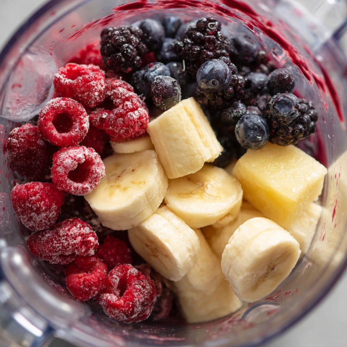 A blender filled with frozen banana slices, raspberries, blackberries, and blueberries ready for blending.
