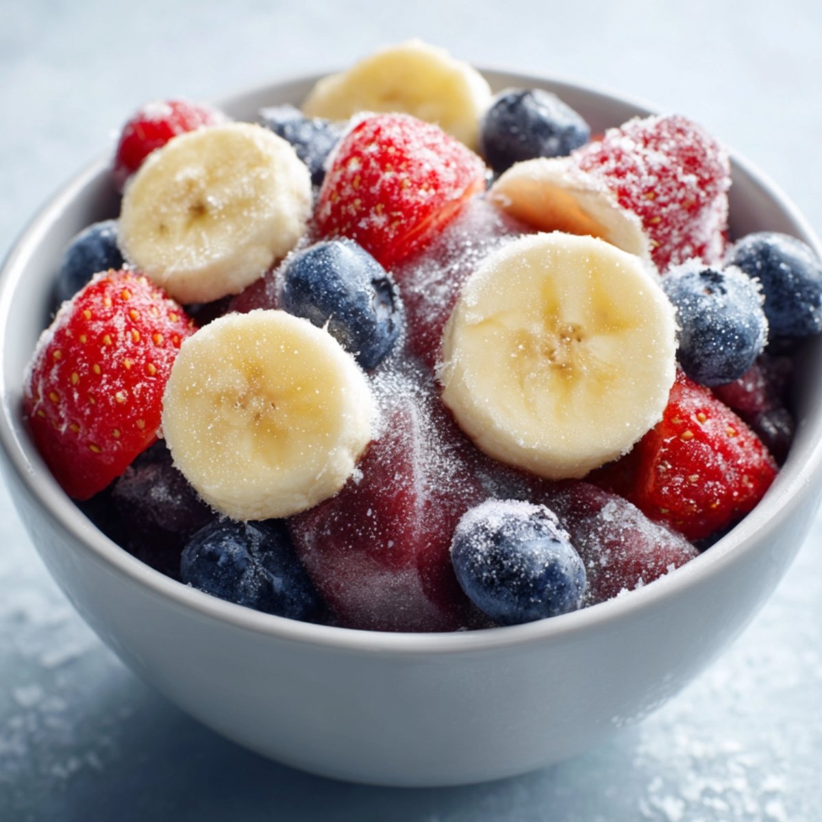 A bowl of frozen fruit including sliced bananas, strawberries, and blueberries covered with frost.
