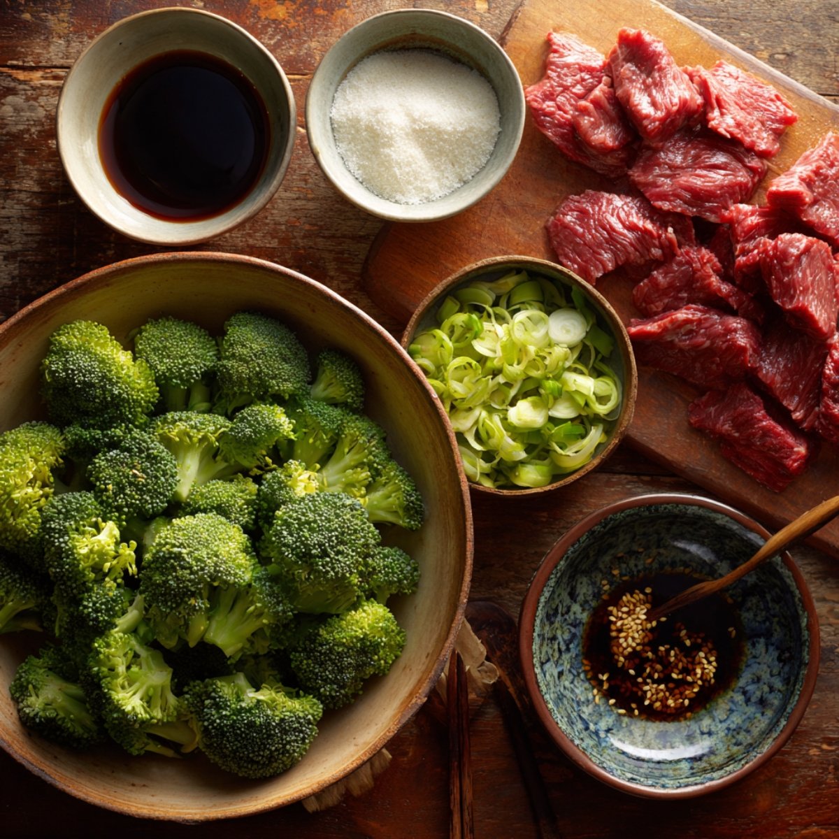 “Fresh broccoli, sliced raw beef, scallions, soy sauce, and seasonings arranged on a rustic wooden table.”