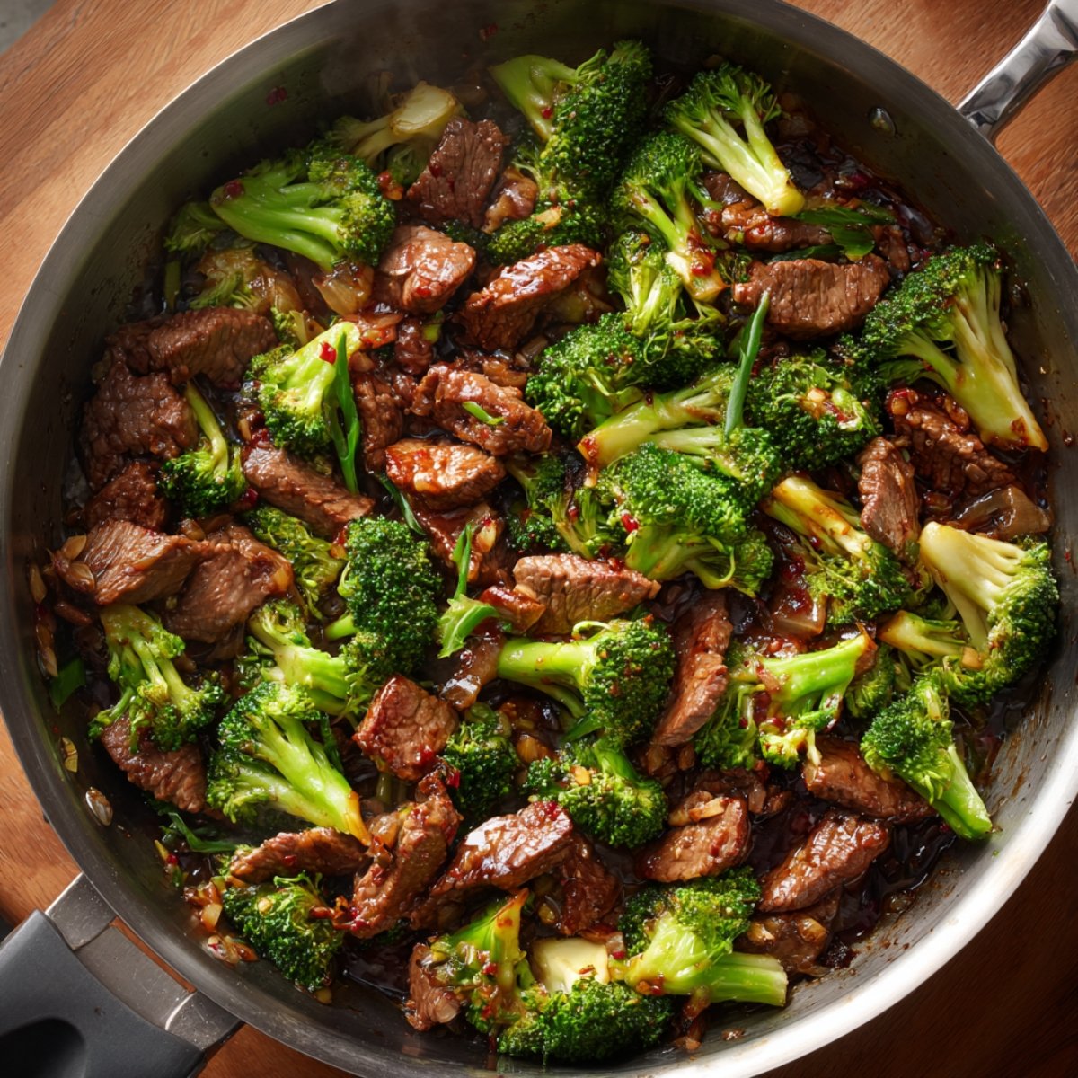 : “Close-up of tender beef strips and broccoli florets cooking together in a flavorful stir fry sauce.”