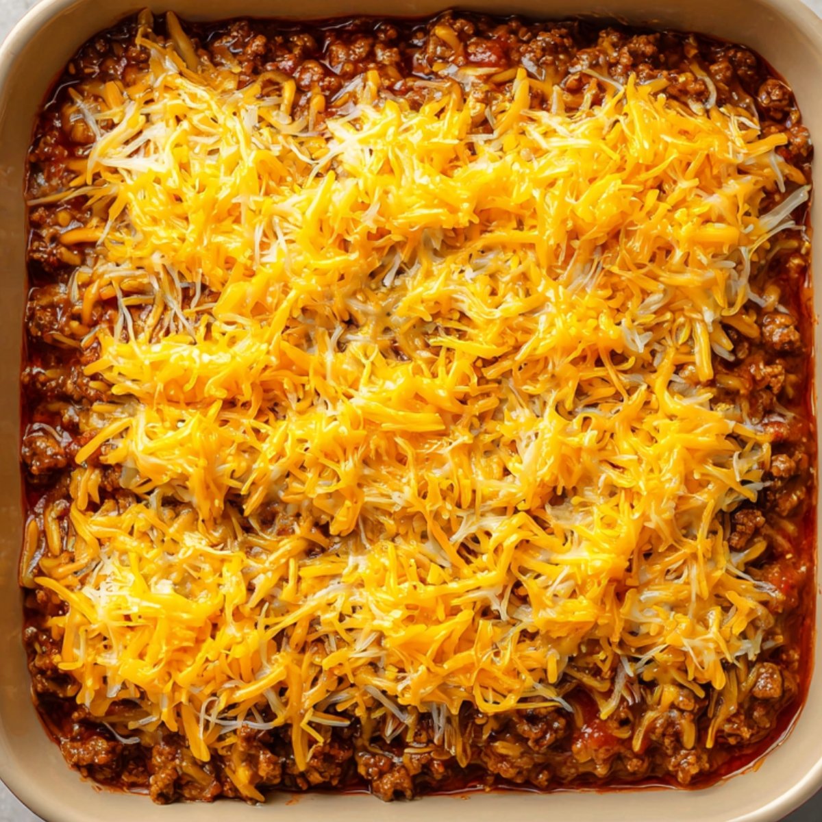 A baking dish filled with buffalo chicken dip topped with a generous layer of shredded cheddar and Monterey Jack cheese before baking.
