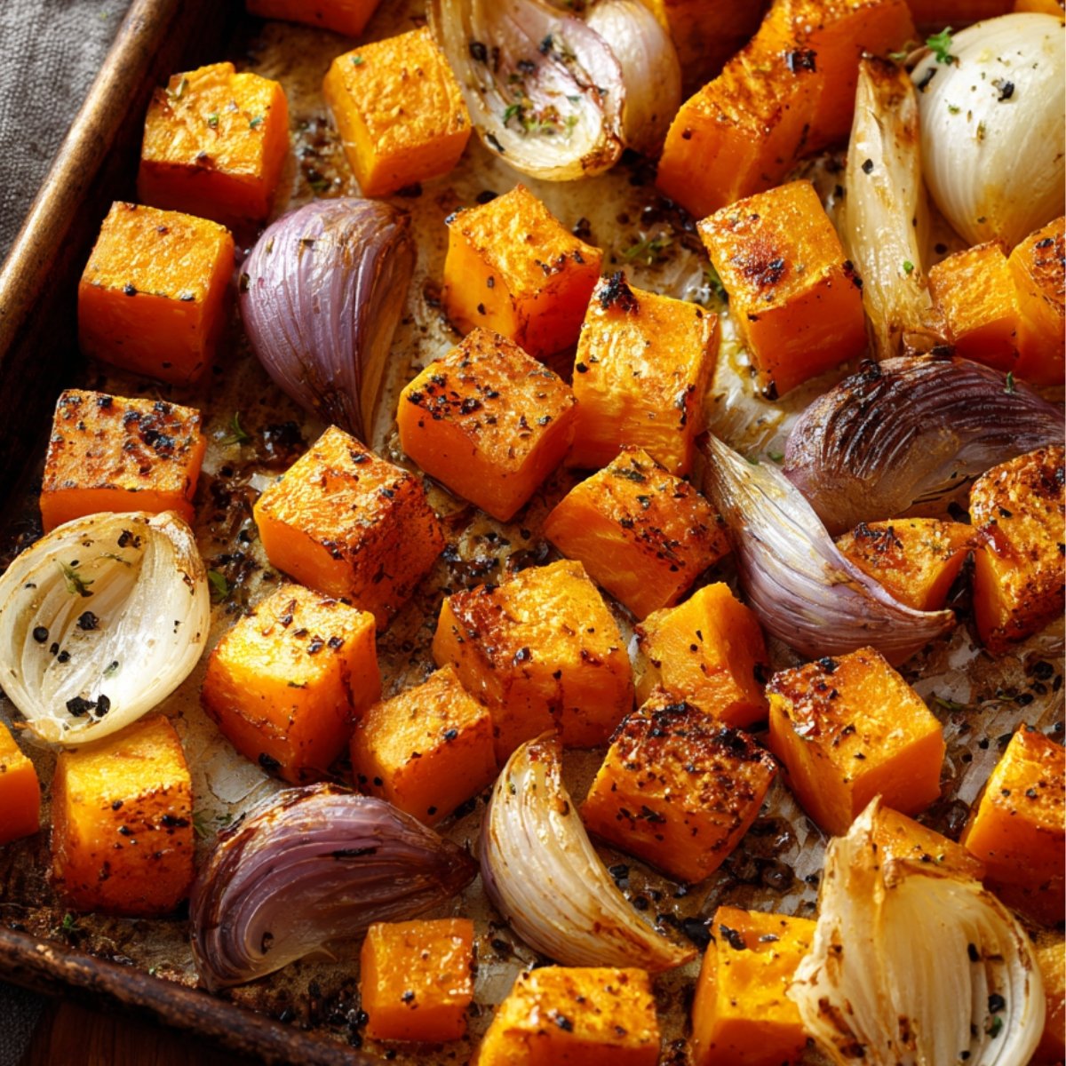 Roasted butternut squash cubes and onion wedges on a baking sheet, caramelized and seasoned with black pepper.