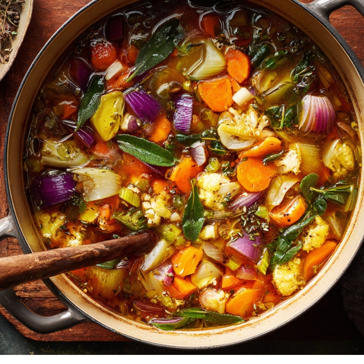A pot of chunky vegetable soup with carrots, onions, celery, and leafy herbs simmering in broth.