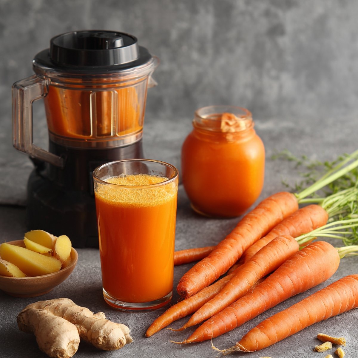 A tall glass of carrot juice placed beside a blender, fresh carrots with greens, ginger roots, and a jar of carrot puree.